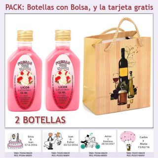 2 Botellitas de Licor de Fresas con Nata con bolsa “bodegón” y tarjeta