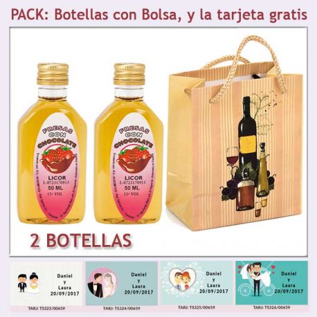 2 Botellitas de Licor de Fresas con Chocolate con bolsa “bodegón” y tarjeta