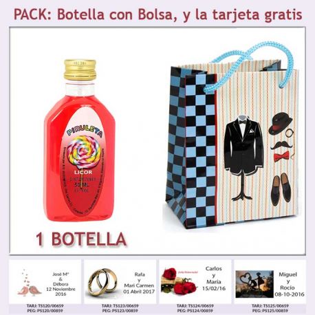 Botellita de Licor de Piruleta con bolsa “charlestón” y tarjeta