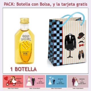 Botellita de Ron Miel con bolsa “charlestón” y tarjeta