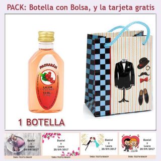Botellita de Pacharán con bolsa “charlestón” y tarjeta
