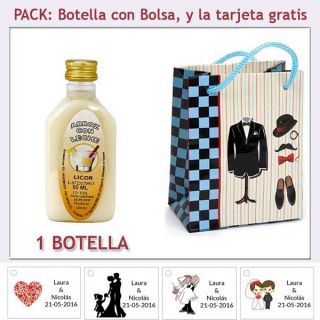 Botellita de Licor de Arroz con Leche con bolsa “charlestón” y tarjeta