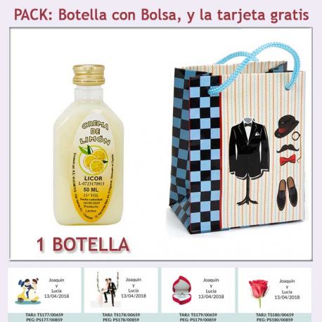 Botellita de Licor de Crema de Limón con bolsa “charlestón” y tarjeta