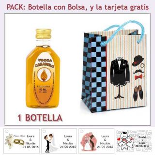 Botellita de Vodka Caramelo con bolsa “charlestón” y tarjeta
