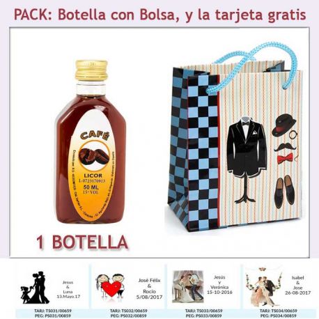 Botellita de Licor de Café con bolsa “charlestón” y tarjeta