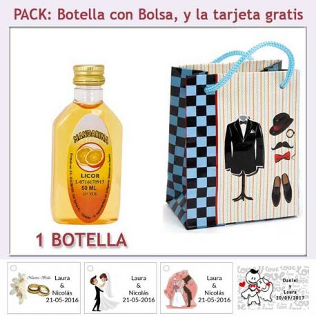 Botellita de Licor de Mandarina con bolsa “charlestón” y tarjeta