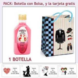Botellita de Licor de Fresas con Nata con bolsa “charlestón” y tarjeta