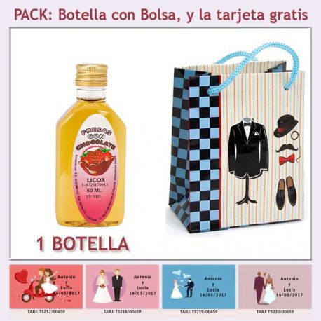 Botellita de Licor de Fresas con Chocolate con bolsa “charlestón” y tarjeta