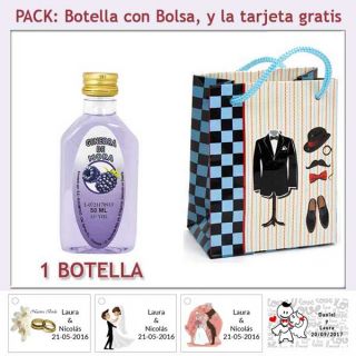 Botellita de Ginebra de Mora con bolsa “charlestón” y tarjeta