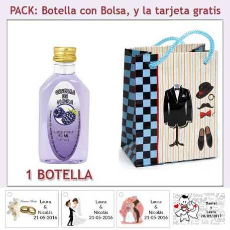 Botellita de Ginebra de Mora con bolsa “charlestón” y tarjeta
