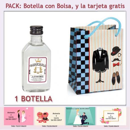 Botellita de Ginebra Blanca con bolsa “charlestón” y tarjeta