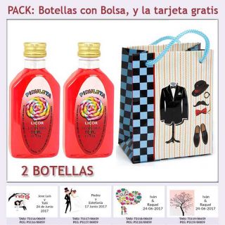 2 Botellitas de Licor de Piruleta con bolsa “charlestón” y tarjeta
