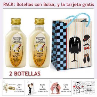 2 Botellitas de Licor de Arroz con Leche con bolsa “charlestón” y tarjeta