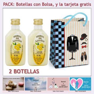 2 Botellitas de Licor de Crema de Limón con bolsa “charlestón” y tarjeta