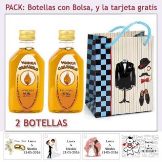 2 Botellitas de Vodka Caramelo con bolsa “charlestón” y tarjeta