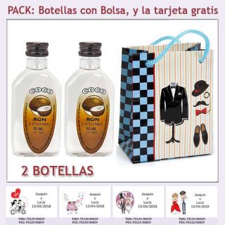 2 Botellitas de Ron Coco con bolsa “charlestón” y tarjeta