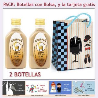 2 Botellitas de Licor Crema con bolsa “charlestón” y tarjeta