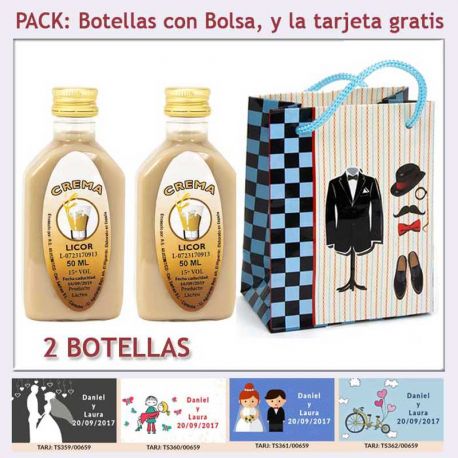 2 Botellitas de Licor Crema con bolsa “charlestón” y tarjeta