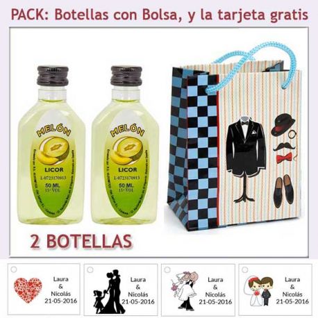 2 Botellitas de Licor de Melón con bolsa “charlestón” y tarjeta