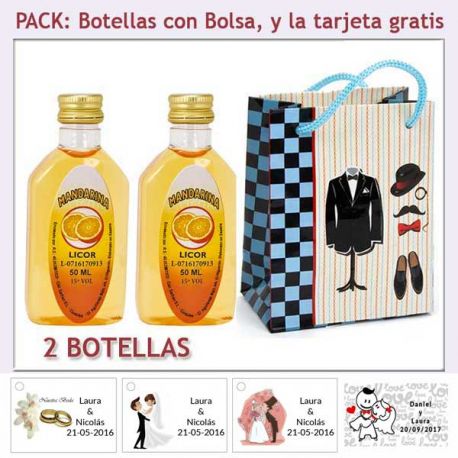 2 Botellitas de Licor de Mandarina con bolsa “charlestón” y tarjeta