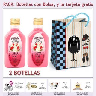 2 Botellitas de Licor de Fresas con Nata con bolsa “charlestón” y tarjeta