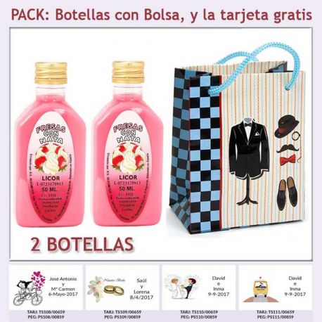 2 Botellitas de Licor de Fresas con Nata con bolsa “charlestón” y tarjeta