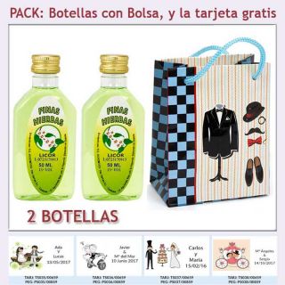2 Botellitas de Licor de Finas Hierbas con bolsa “charlestón” y tarjeta