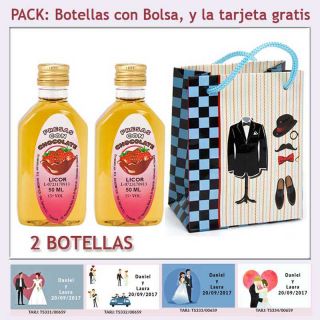 2 Botellitas de Licor de Fresas con Chocolate con bolsa “charlestón” y tarjeta