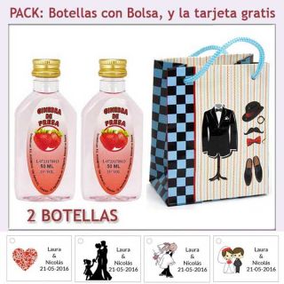 2 Botellitas de Ginebra de Fresa con bolsa “charlestón” y tarjeta