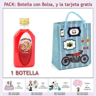 Botellita de Licor de Piruleta con bolsa “con moto roja” y tarjeta