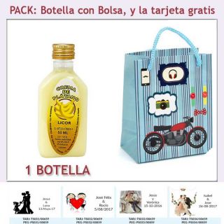 Botellita de Licor de Crema de Plátano con bolsa “con moto roja” y tarjeta