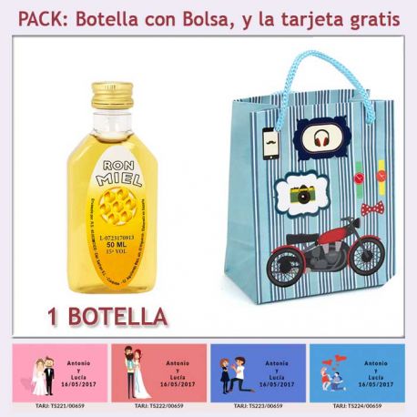 Botellita de Ron Miel con bolsa “con moto roja” y tarjeta