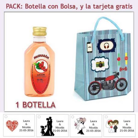 Botellita de Pacharán con bolsa “con moto roja” y tarjeta