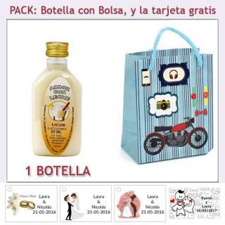 Botellita de Licor de Arroz con Leche con bolsa “con moto roja” y tarjeta