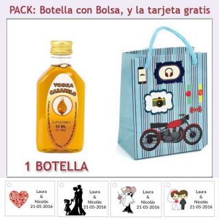 Botellita de Vodka Caramelo con bolsa “con moto roja” y tarjeta