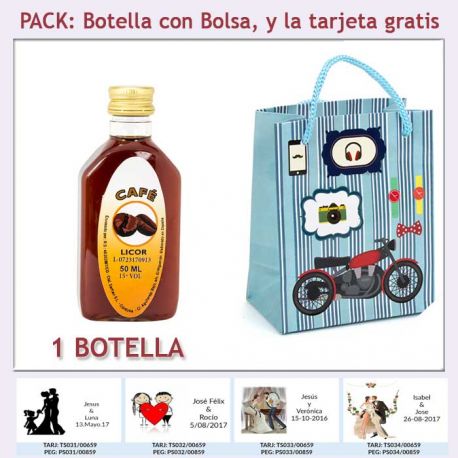 Botellita de Licor de Café con bolsa “con moto roja” y tarjeta