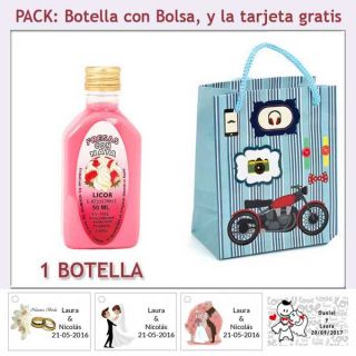Botellita de Licor de Fresas con Nata con bolsa “con moto roja” y tarjeta