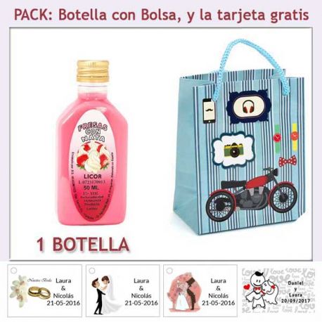 Botellita de Licor de Fresas con Nata con bolsa “con moto roja” y tarjeta
