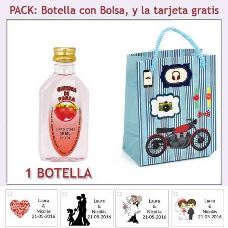 Botellita de Ginebra de Fresa con bolsa “con moto roja” y tarjeta