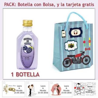 Botellita de Ginebra de Mora con bolsa “con moto roja” y tarjeta