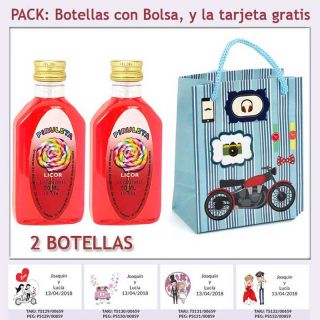 2 Botellitas de Licor de Piruleta con bolsa “con moto roja” y tarjeta