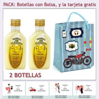 2 Botellitas de Licor de Crema de Plátano con bolsa “con moto roja” y tarjeta