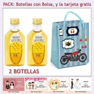 2 Botellitas de Ron Miel con bolsa “con moto roja” y tarjeta