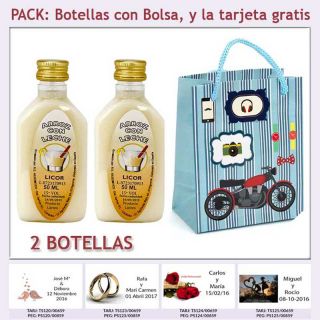 2 Botellitas de Licor de Arroz con Leche con bolsa “con moto roja” y tarjeta