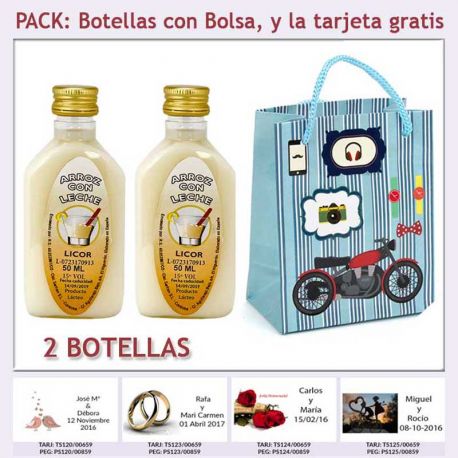 2 Botellitas de Licor de Arroz con Leche con bolsa “con moto roja” y tarjeta