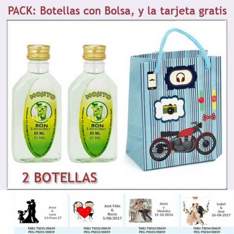 2 Botellitas de Ron Mojito con bolsa “con moto roja” y tarjeta