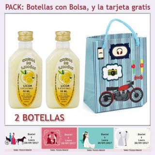 2 Botellitas de Licor de Crema de Limón con bolsa “con moto roja” y tarjeta
