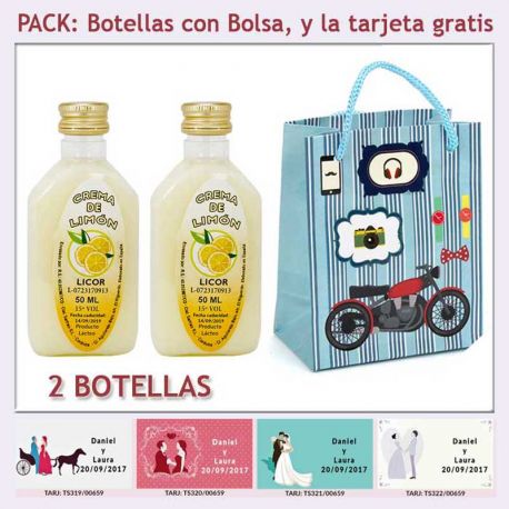 2 Botellitas de Licor de Crema de Limón con bolsa “con moto roja” y tarjeta