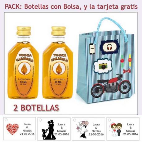 2 Botellitas de Vodka Caramelo con bolsa “con moto roja” y tarjeta