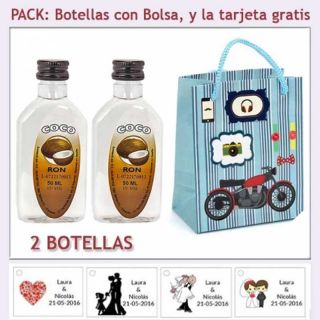 2 Botellitas de Ron Coco con bolsa “con moto roja” y tarjeta